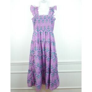 J Marie Smocked Nap Dress Maxi Tiered Boho Cottagecore Resort Ruffle Floral Boho